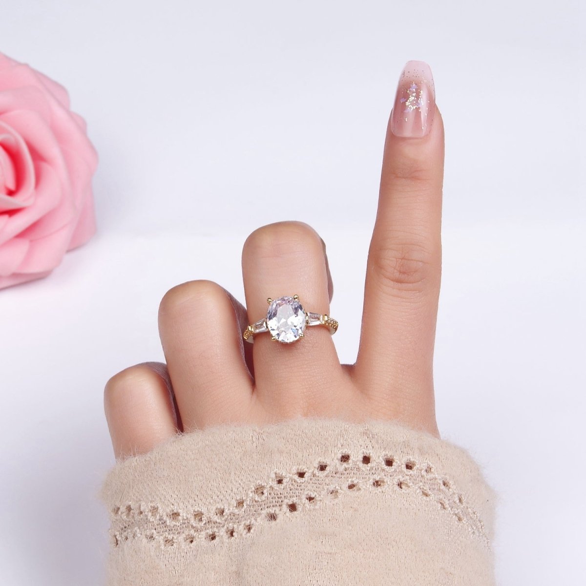 14K Gold Filled Clear CZ Oval Baguette Micro Paved Solitaire Ring | O1326 - DLUXCA