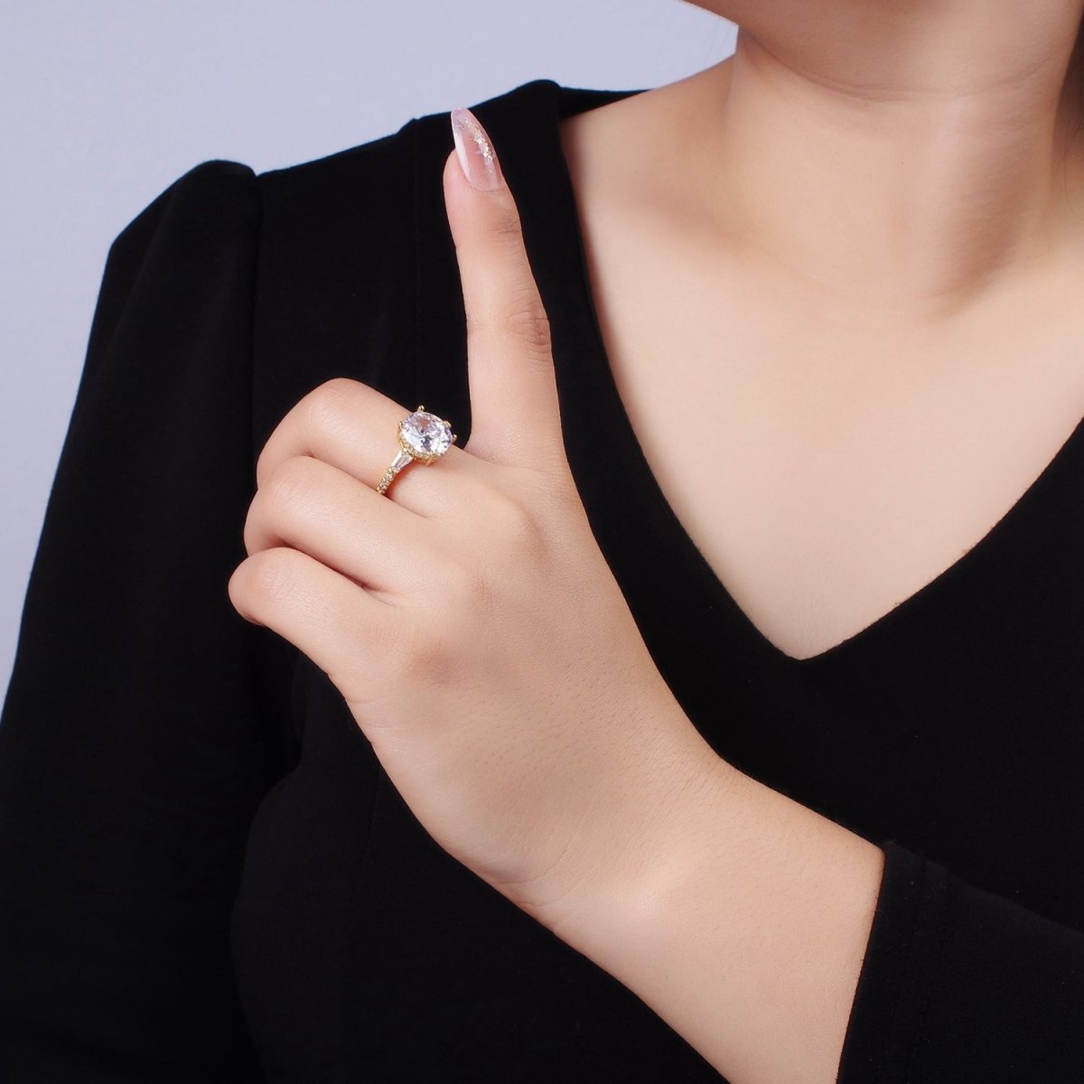 14K Gold Filled Clear CZ Oval Baguette Micro Paved Solitaire Ring | O1326 - DLUXCA