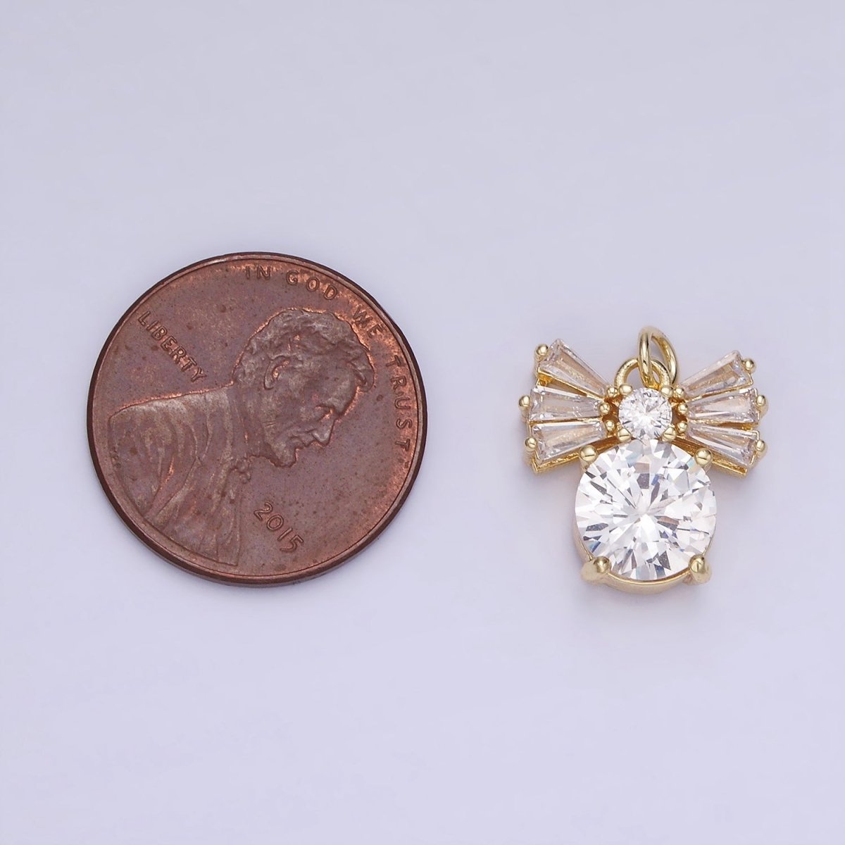 14K Gold Filled Clear CZ Round Baguette Ribbon Bow Charm | AG729 - DLUXCA