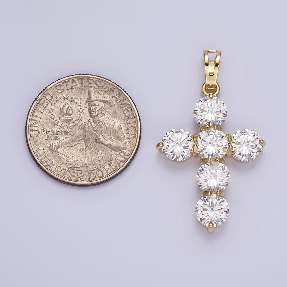 14K Gold Filled Clear CZ Round Lined Religious Cross Pendant in Gold & Silver | AA650 - DLUXCA