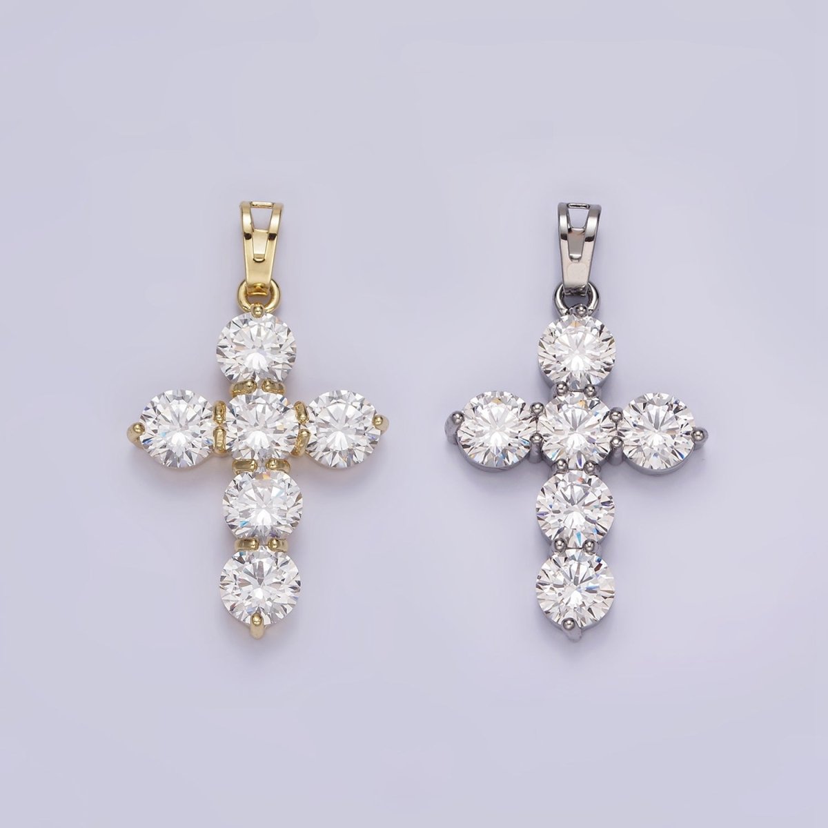 14K Gold Filled Clear CZ Round Lined Religious Cross Pendant in Gold & Silver | AA650 - DLUXCA