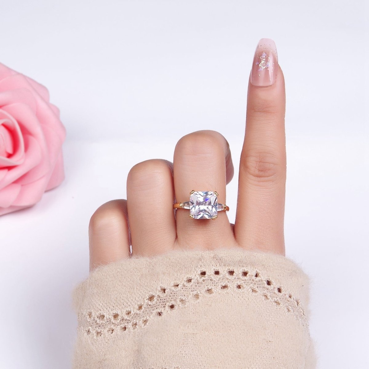 14K Gold Filled Clear CZ Square Baguette Solitaire Ring in Gold & Silver | O1324 O1325 - DLUXCA