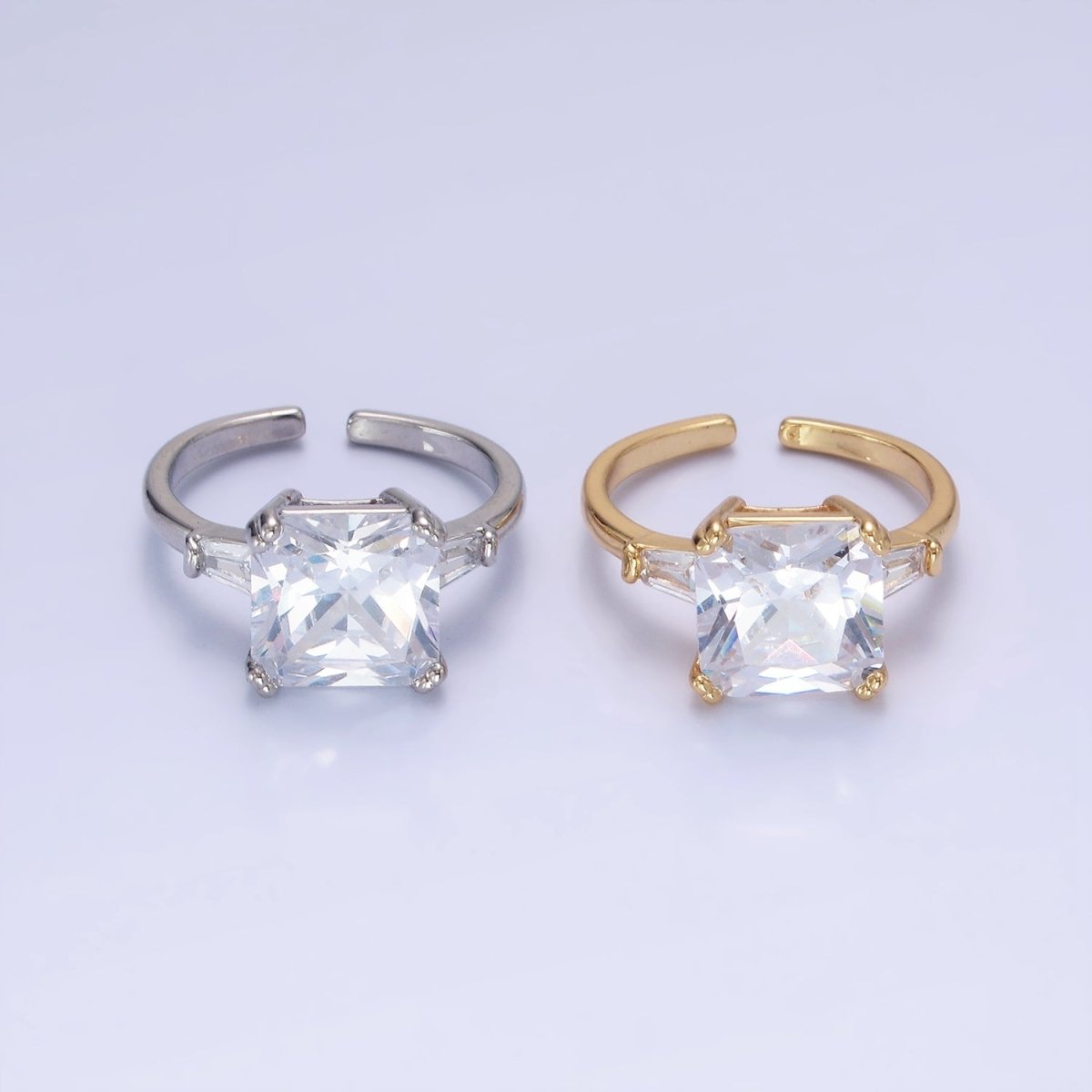 14K Gold Filled Clear CZ Square Baguette Solitaire Ring in Gold & Silver | O1324 O1325 - DLUXCA