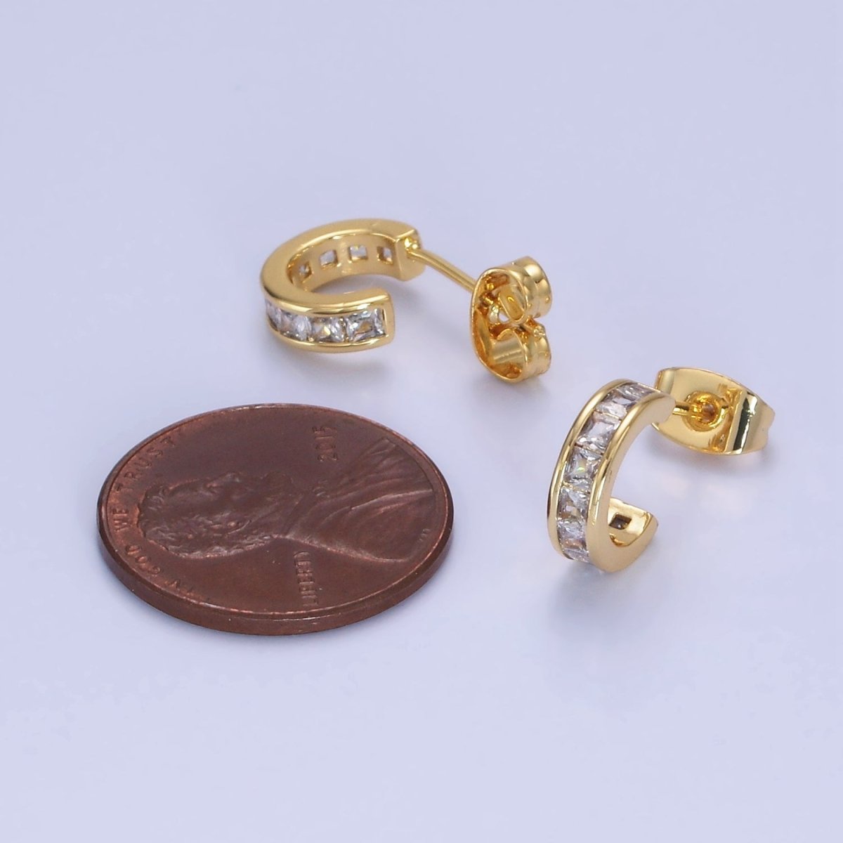 14K Gold Filled Clear CZ Square Lined Cartilage C-Shaped Hoop Earrings | AB1262 - DLUXCA