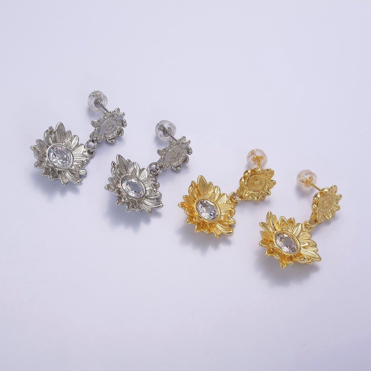 14K Gold Filled Clear CZ Sunflower Nature Drop Stud Earrings in Gold & Silver | AE976 AE977 - DLUXCA