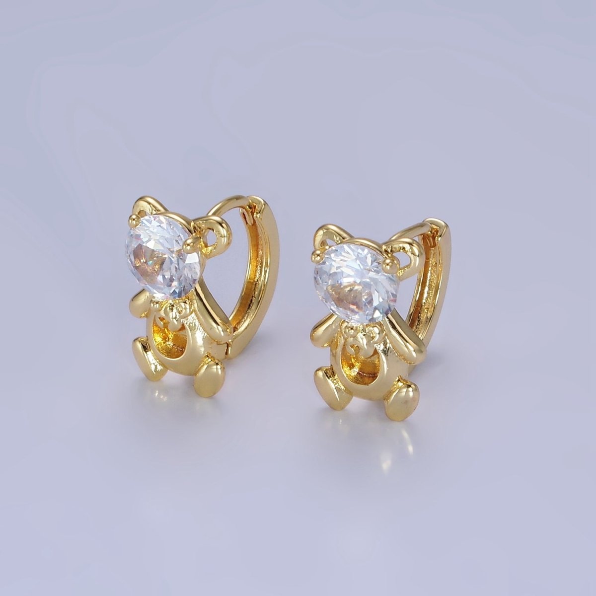 14K Gold Filled Clear CZ Teddy Bear Animal Huggie Earrings | AB1254 - DLUXCA