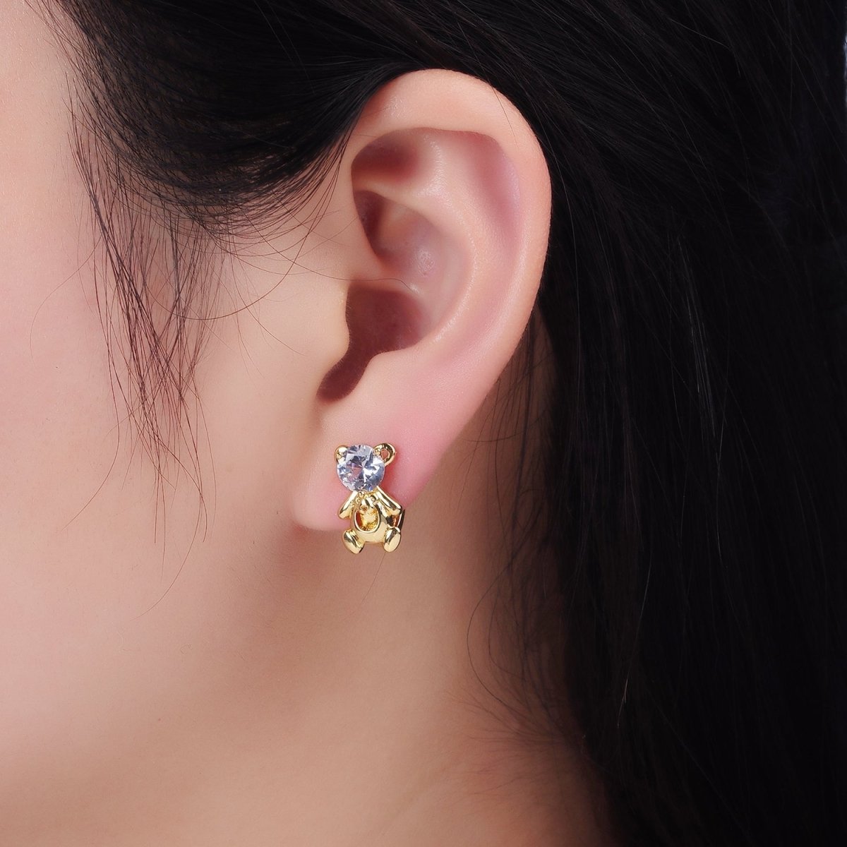 14K Gold Filled Clear CZ Teddy Bear Animal Huggie Earrings | AB1254 - DLUXCA