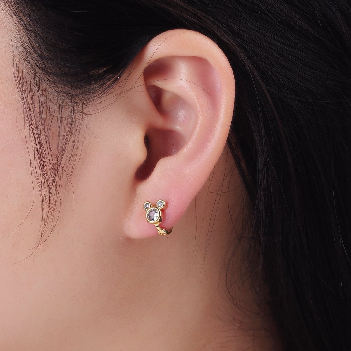 14K Gold Filled Clear CZ Triple Mouse Animal Huggie Earrings | AB1260 - DLUXCA