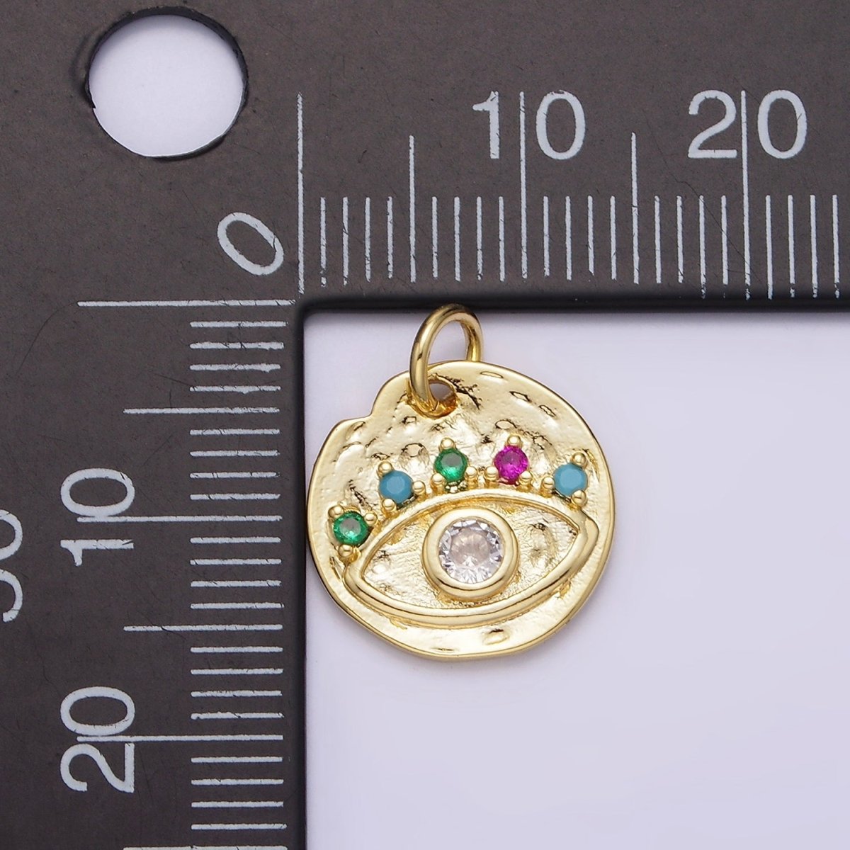 14K Gold Filled Clear Evil Eye Multicolor CZ Lash Hammered Round Charm | N991 - DLUXCA