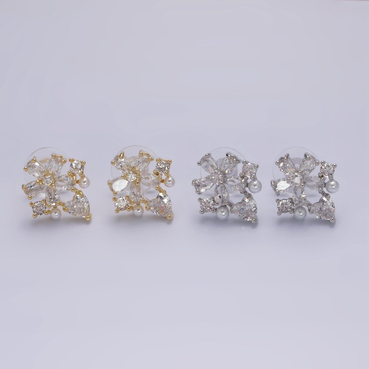 14K Gold Filled Clear Flower Heart Pearl Stud Earrings in Gold & Silver | V292 V293 - DLUXCA