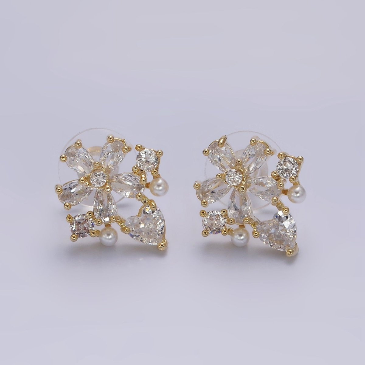 14K Gold Filled Clear Flower Heart Pearl Stud Earrings in Gold & Silver | V292 V293 - DLUXCA