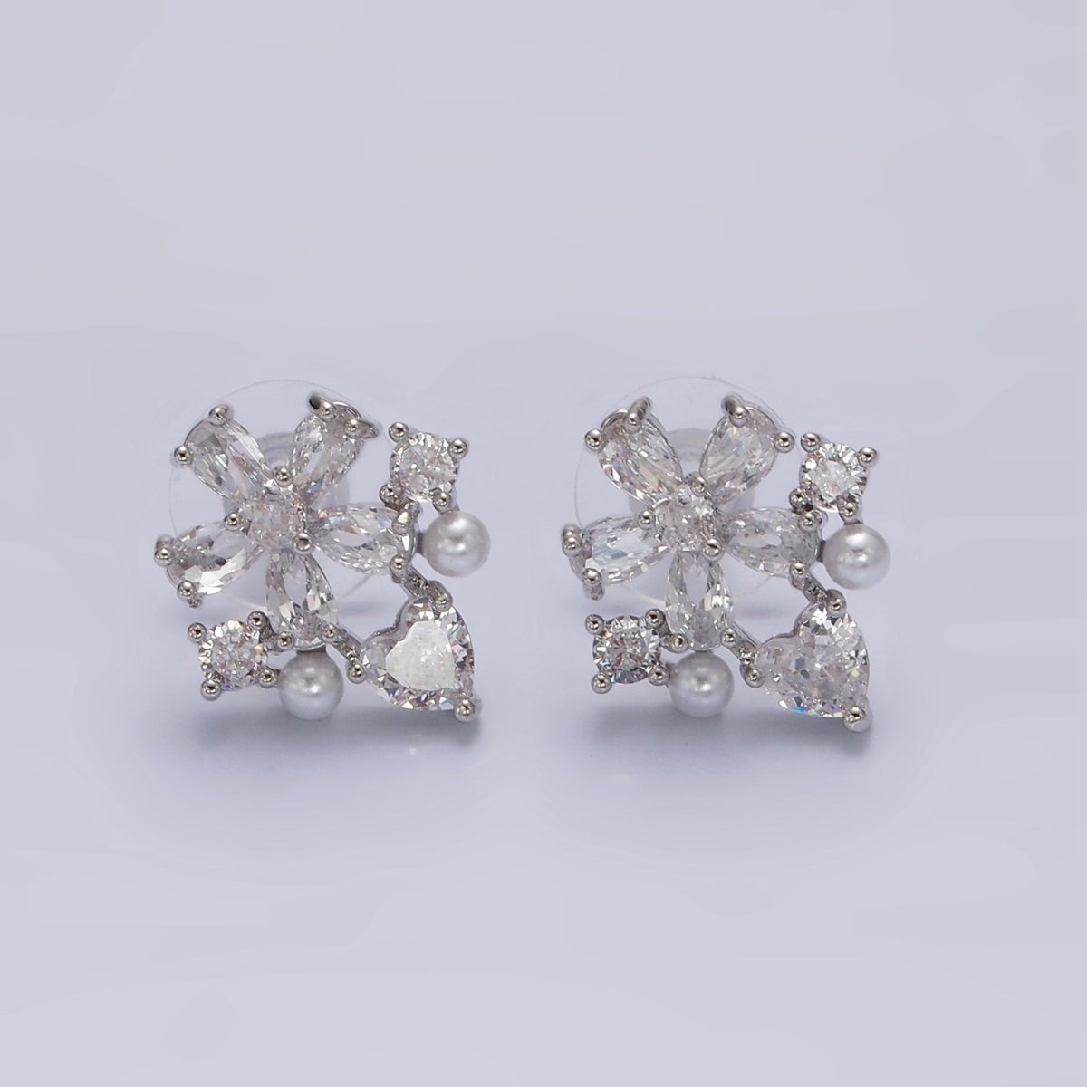 14K Gold Filled Clear Flower Heart Pearl Stud Earrings in Gold & Silver | V292 V293 - DLUXCA