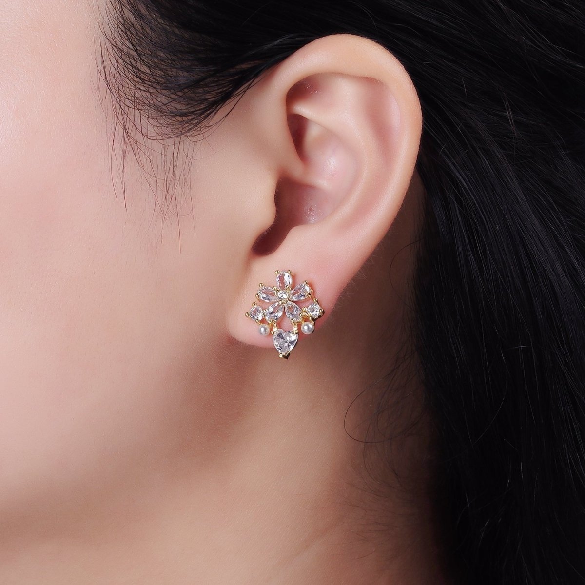 14K Gold Filled Clear Flower Heart Pearl Stud Earrings in Gold & Silver | V292 V293 - DLUXCA