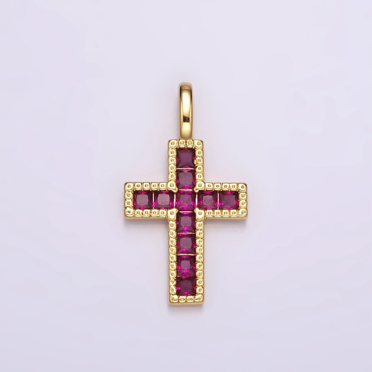 14K Gold Filled Clear, Fuchsia, Green, Blue, Multicolor Square CZ Latin Cross Pendant | AH098 - AH102 - DLUXCA