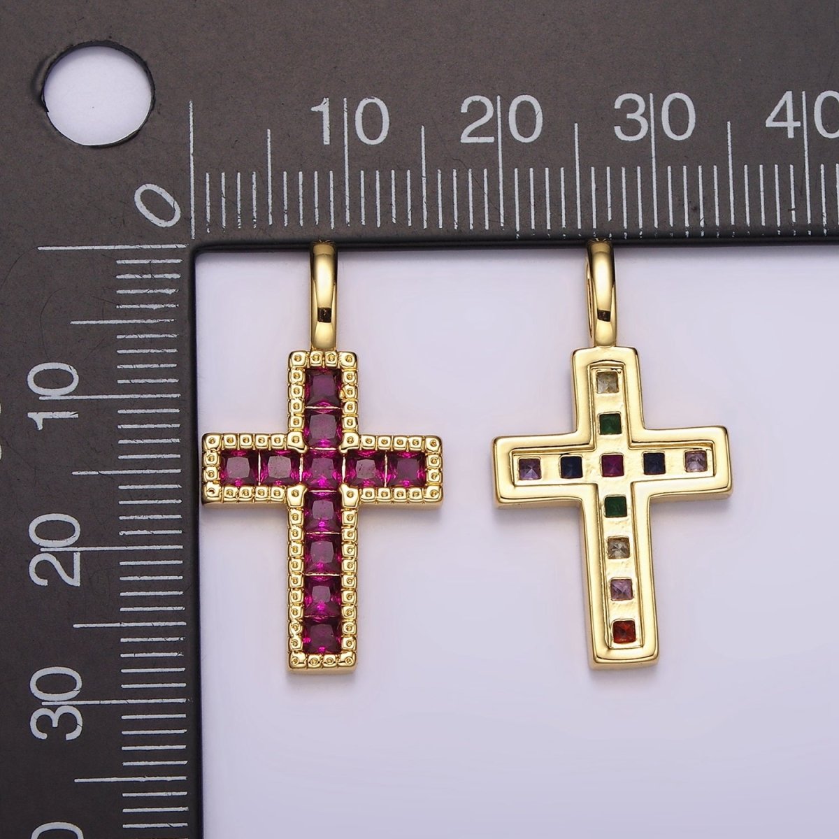 14K Gold Filled Clear, Fuchsia, Green, Blue, Multicolor Square CZ Latin Cross Pendant | AH098 - AH102 - DLUXCA