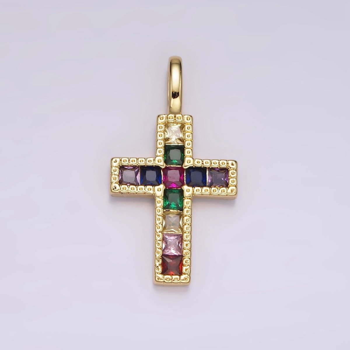 14K Gold Filled Clear, Fuchsia, Green, Blue, Multicolor Square CZ Latin Cross Pendant | AH098 - AH102 - DLUXCA