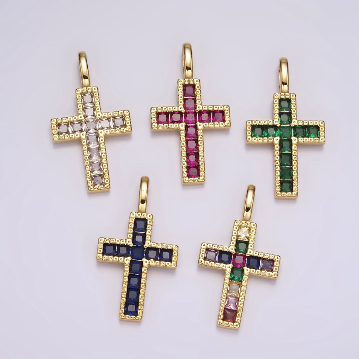 14K Gold Filled Clear, Fuchsia, Green, Blue, Multicolor Square CZ Latin Cross Pendant | AH098 - AH102 - DLUXCA