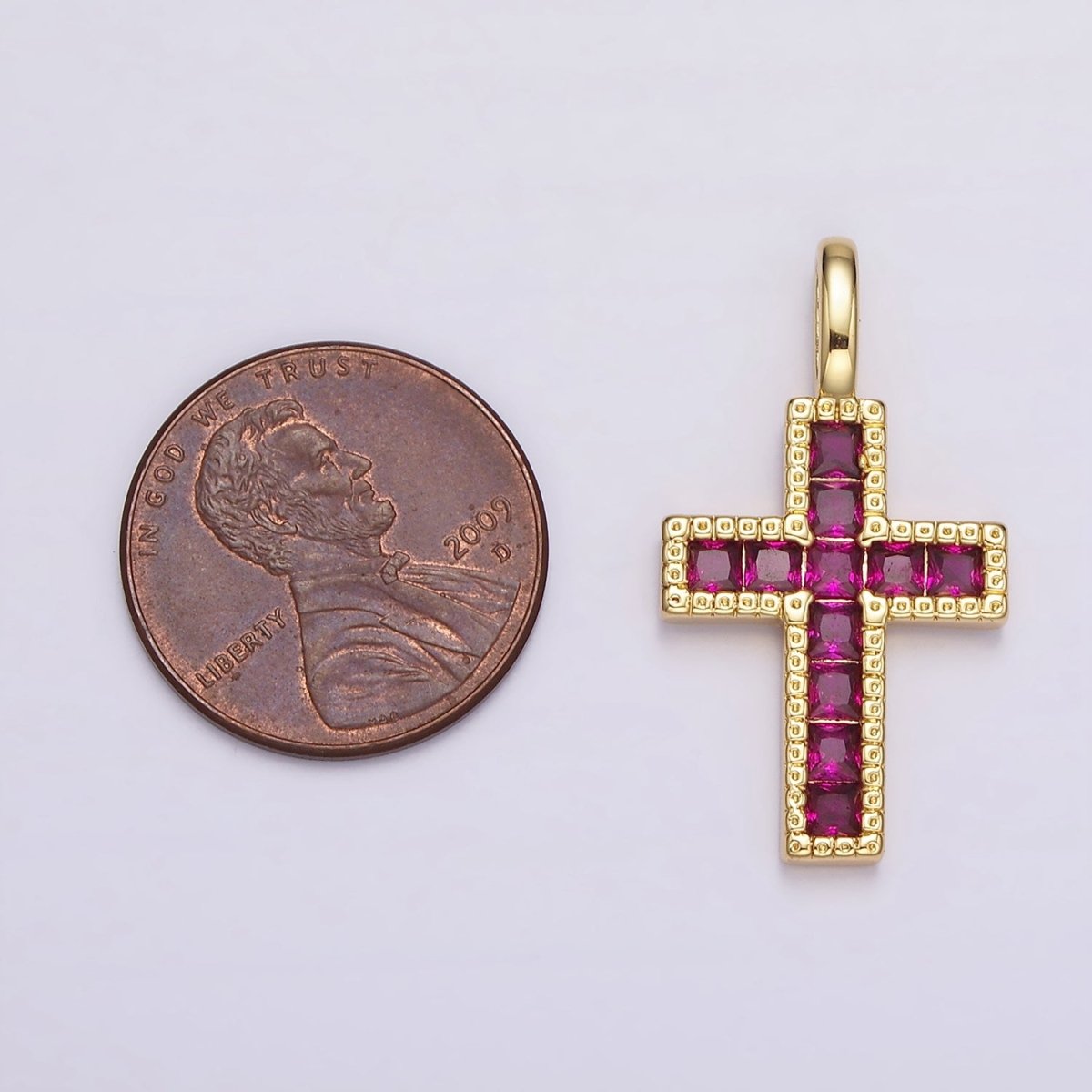 14K Gold Filled Clear, Fuchsia, Green, Blue, Multicolor Square CZ Latin Cross Pendant | AH098 - AH102 - DLUXCA