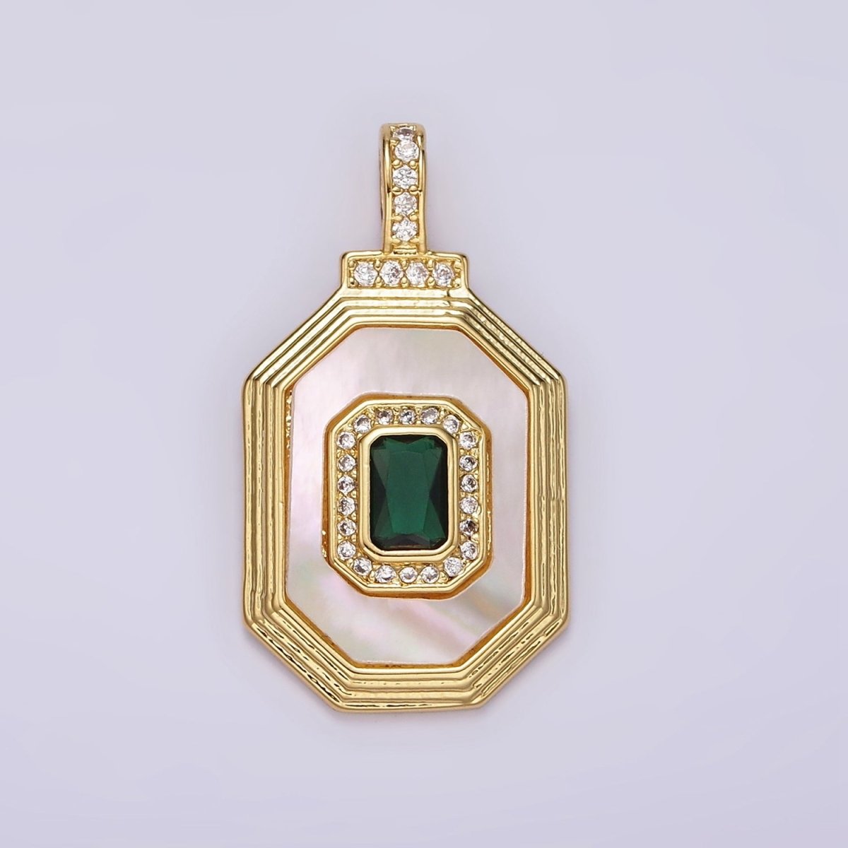 14K Gold Filled Clear, Green Baguette Shell Pearl Micro Paved CZ Bail Octagonal Pendant | AH031 AH032 - DLUXCA