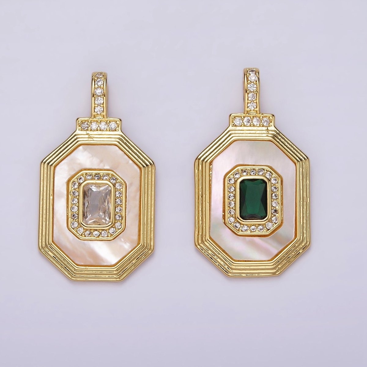 14K Gold Filled Clear, Green Baguette Shell Pearl Micro Paved CZ Bail Octagonal Pendant | AH031 AH032 - DLUXCA