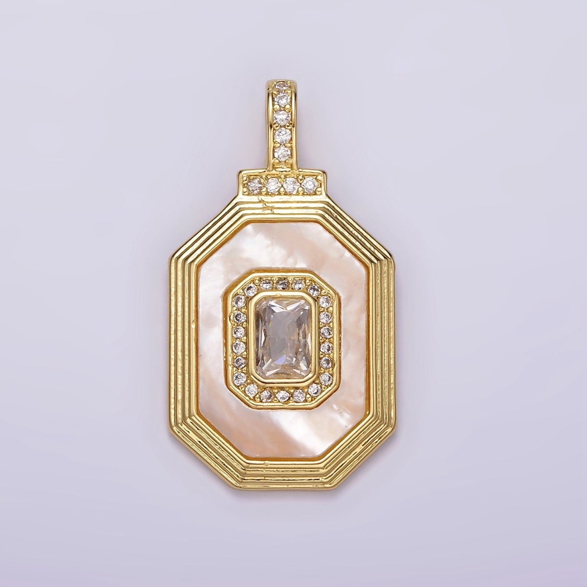 14K Gold Filled Clear, Green Baguette Shell Pearl Micro Paved CZ Bail Octagonal Pendant | AH031 AH032 - DLUXCA