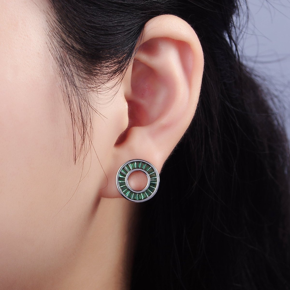 14K Gold Filled Clear, Green CZ Baguette Lined Open Round Stud Earrings in Gold & Silver | V470 - V473 - DLUXCA