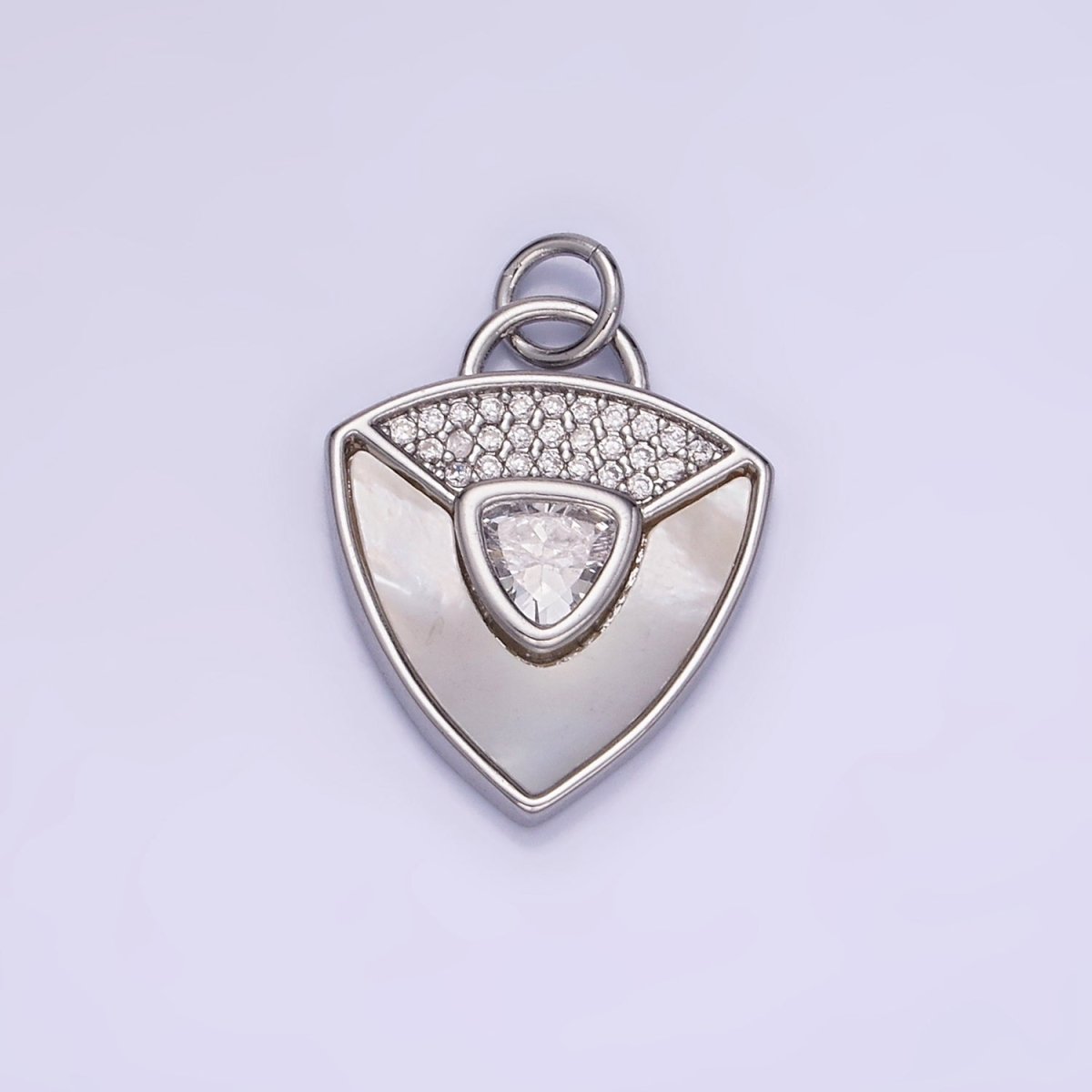 14K Gold Filled Clear, Green CZ Micro Paved Shell Pearl Shield Charm in Gold & Silver | W492 W493 - DLUXCA