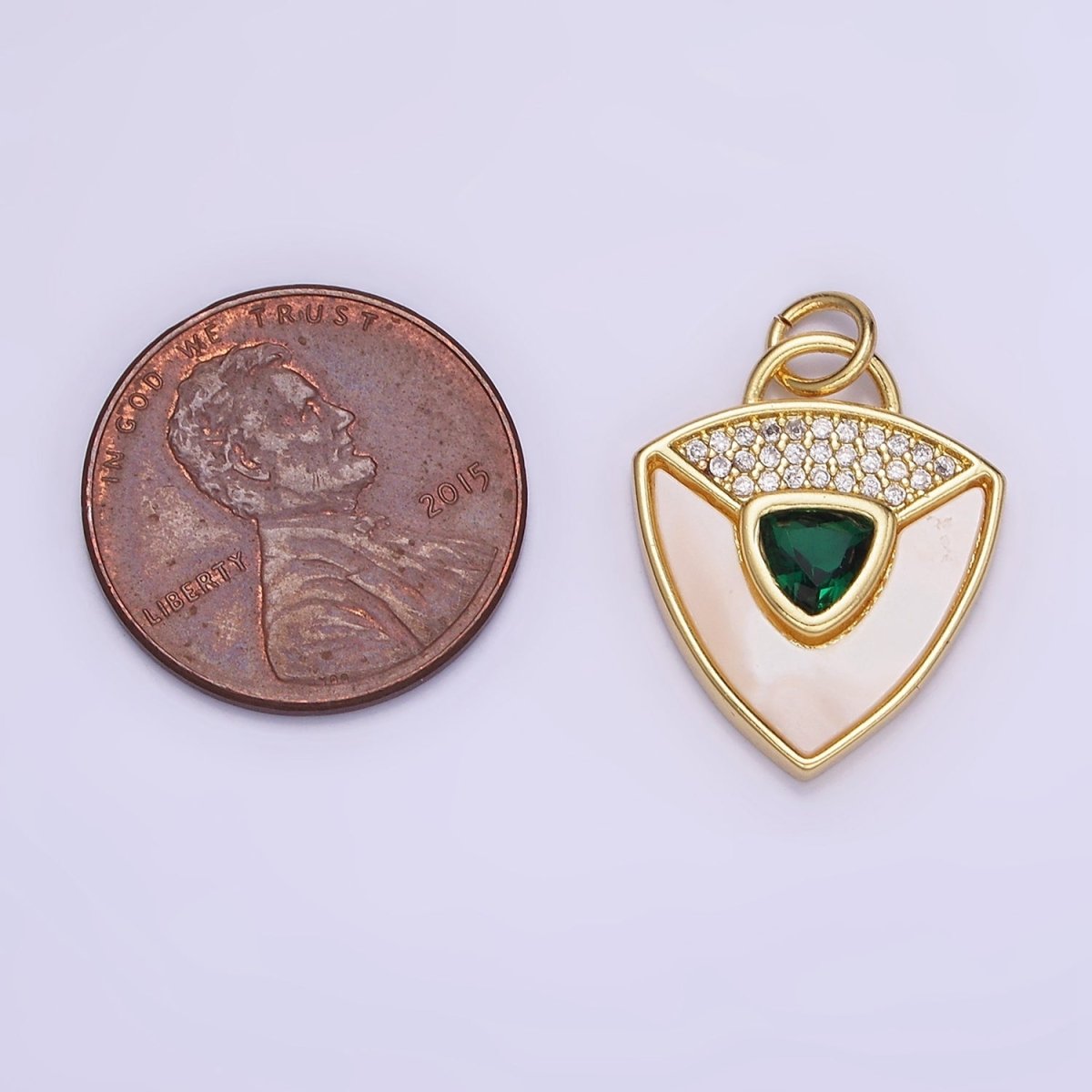 14K Gold Filled Clear, Green CZ Micro Paved Shell Pearl Shield Charm in Gold & Silver | W492 W493 - DLUXCA