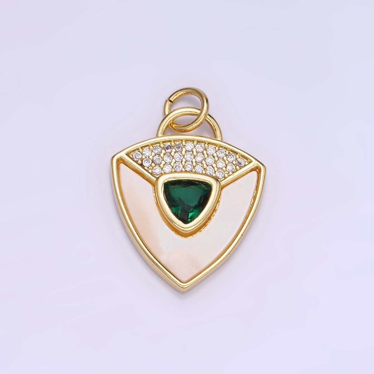14K Gold Filled Clear, Green CZ Micro Paved Shell Pearl Shield Charm in Gold & Silver | W492 W493 - DLUXCA
