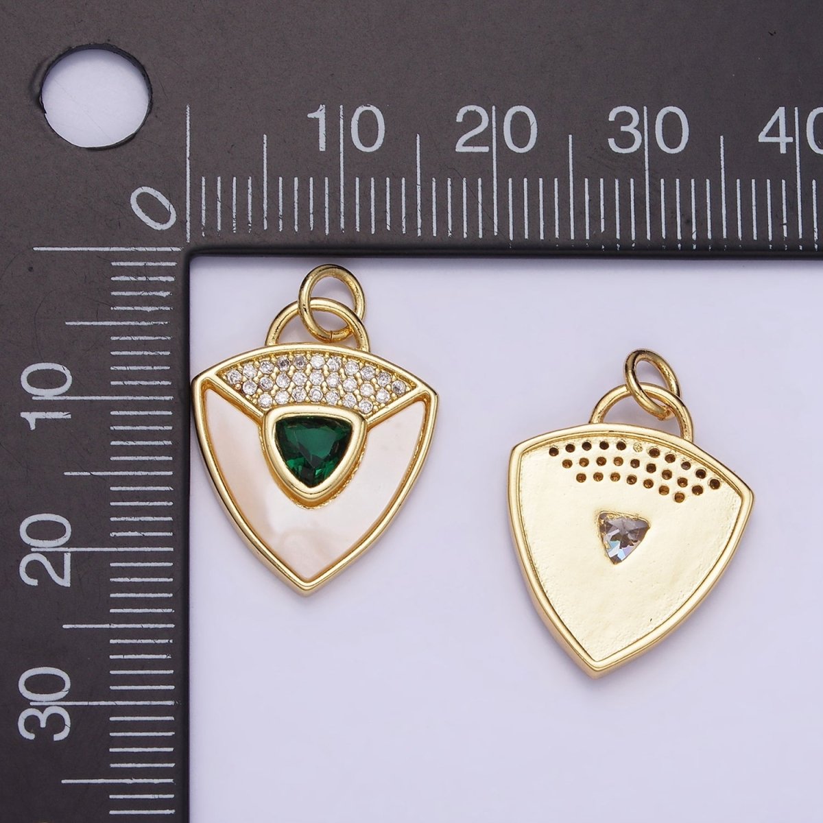 14K Gold Filled Clear, Green CZ Micro Paved Shell Pearl Shield Charm in Gold & Silver | W492 W493 - DLUXCA