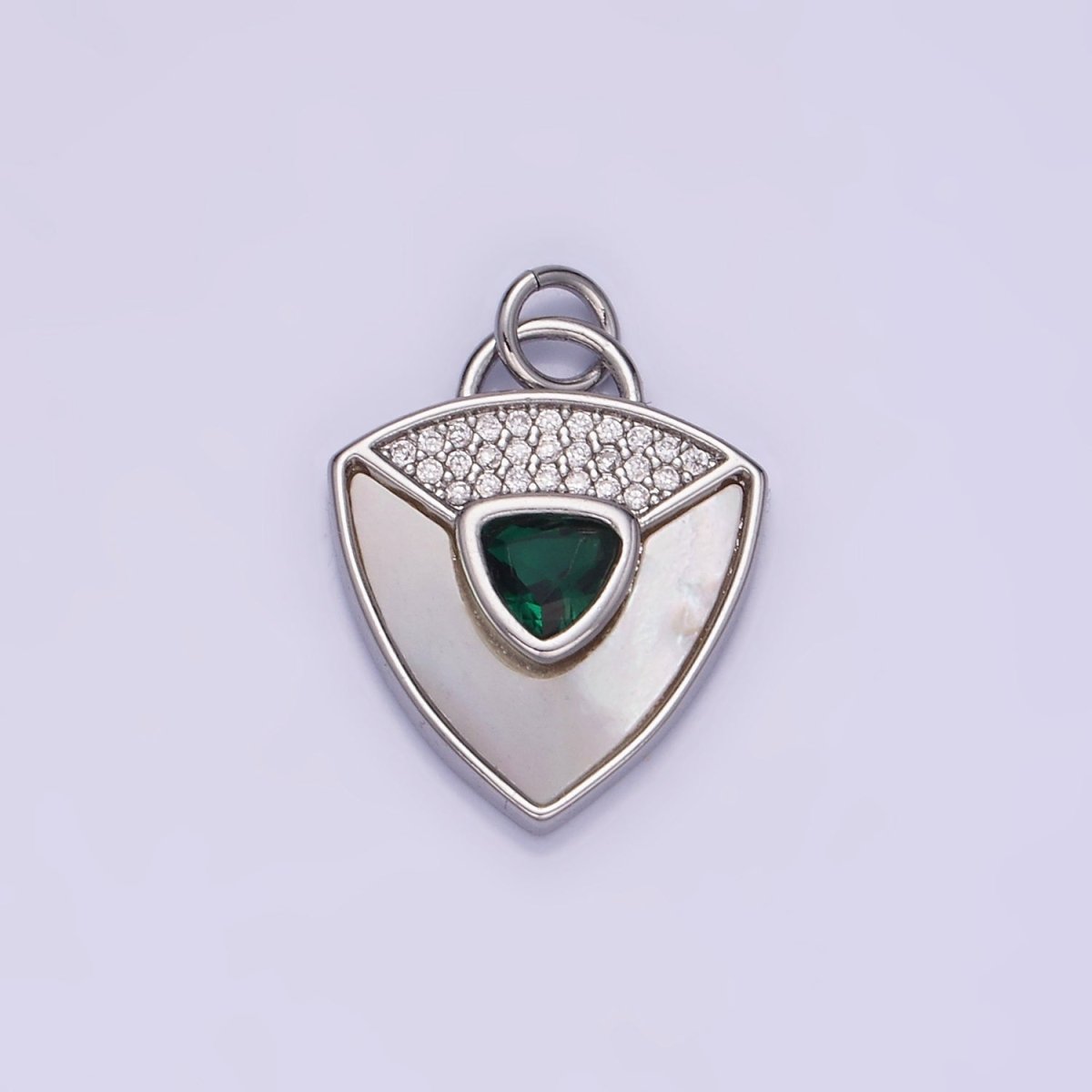 14K Gold Filled Clear, Green CZ Micro Paved Shell Pearl Shield Charm in Gold & Silver | W492 W493 - DLUXCA