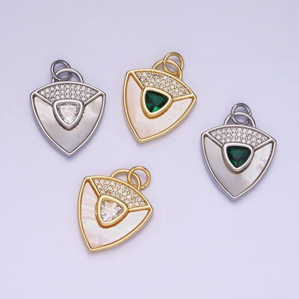 14K Gold Filled Clear, Green CZ Micro Paved Shell Pearl Shield Charm in Gold & Silver | W492 W493 - DLUXCA