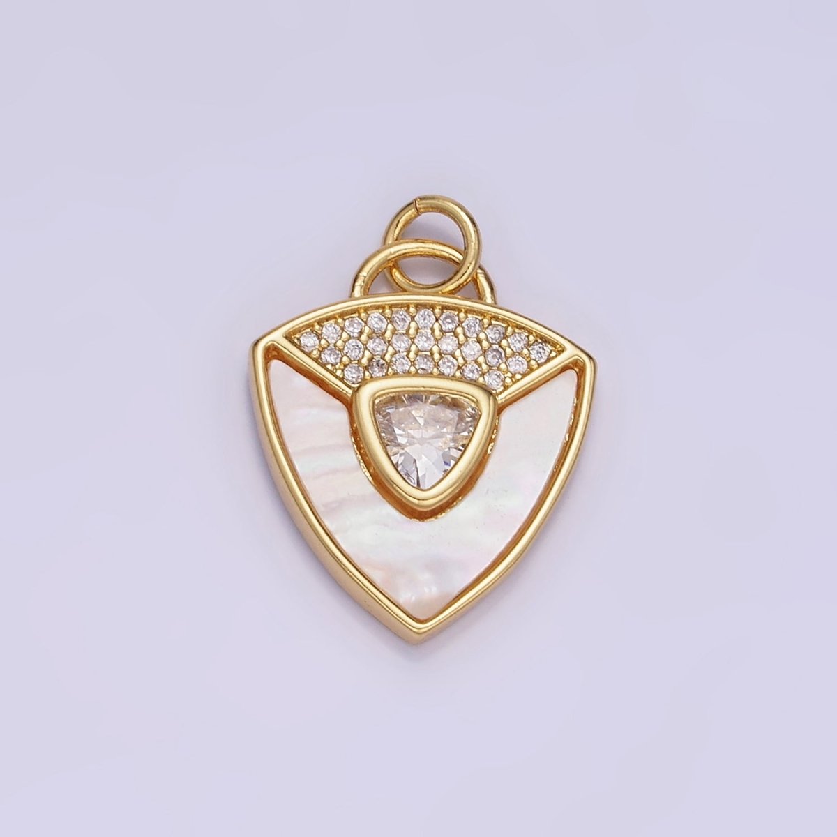 14K Gold Filled Clear, Green CZ Micro Paved Shell Pearl Shield Charm in Gold & Silver | W492 W493 - DLUXCA