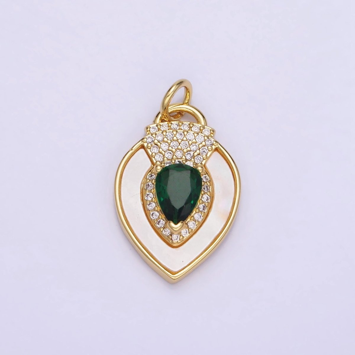 14K Gold Filled Clear, Green CZ Micro Paved Shell Pearl Teardrop Charm in Gold & Silver | W490 W491 - DLUXCA