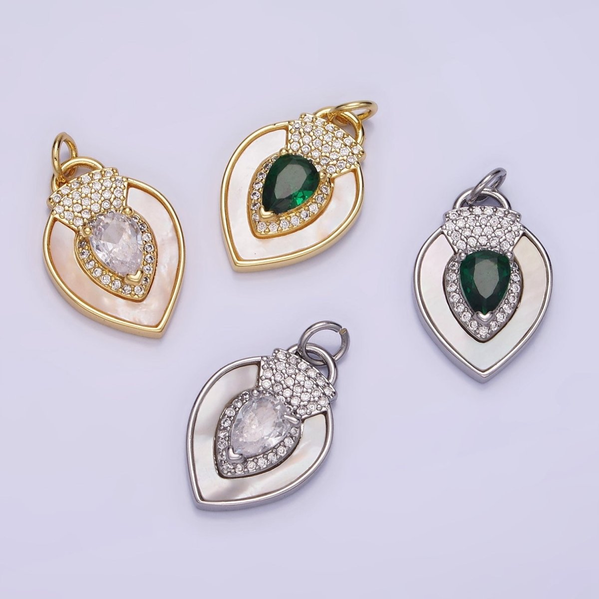 14K Gold Filled Clear, Green CZ Micro Paved Shell Pearl Teardrop Charm in Gold & Silver | W490 W491 - DLUXCA