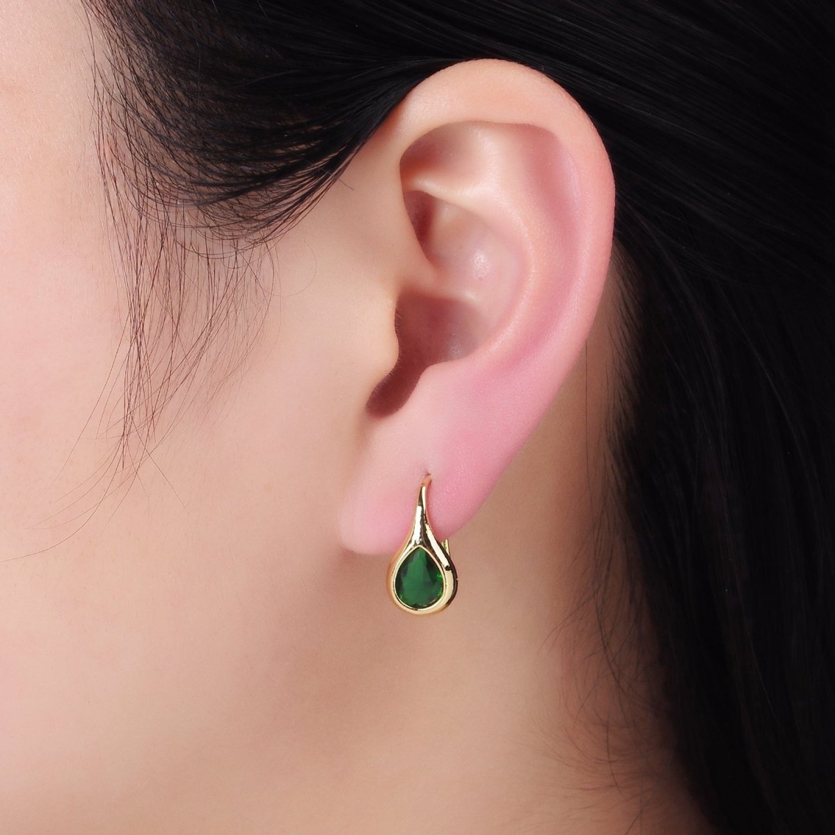 14K Gold Filled Clear, Green CZ Teardrop French Hook Earrings | AB1309 AB1310 - DLUXCA