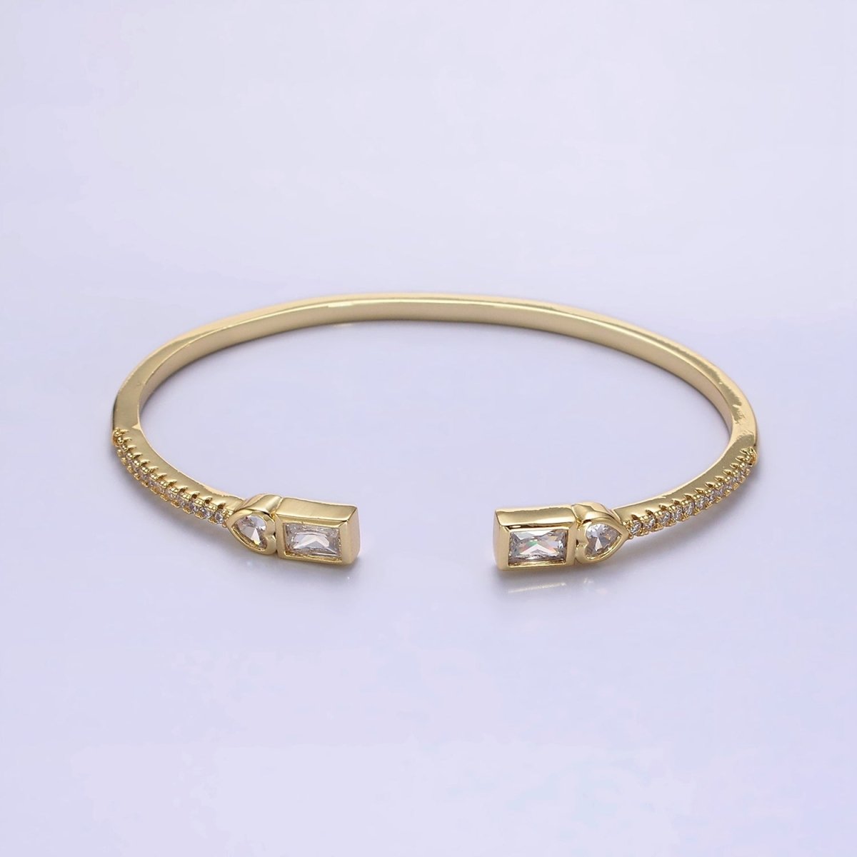 14K Gold Filled Clear, Green, Pink Baguette Heart CZ Micro Paved Cuff Bracelet in Gold & Silver | WA-2124 - WA-2128 Clearance Pricing - DLUXCA