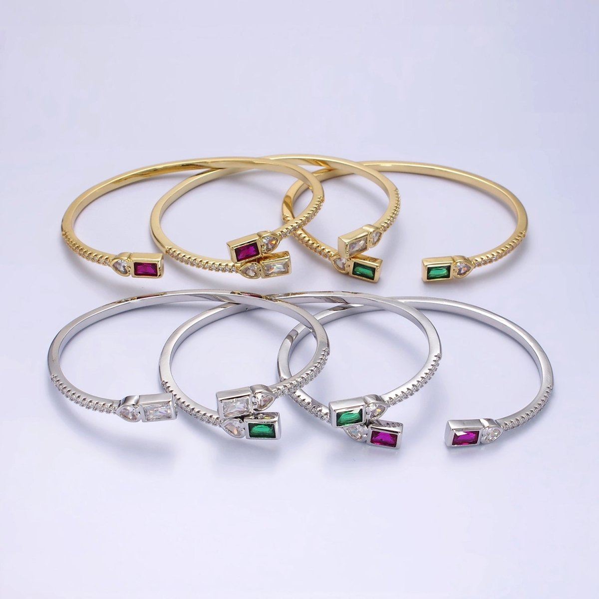 14K Gold Filled Clear, Green, Pink Baguette Heart CZ Micro Paved Cuff Bracelet in Gold & Silver | WA-2124 - WA-2128 Clearance Pricing - DLUXCA