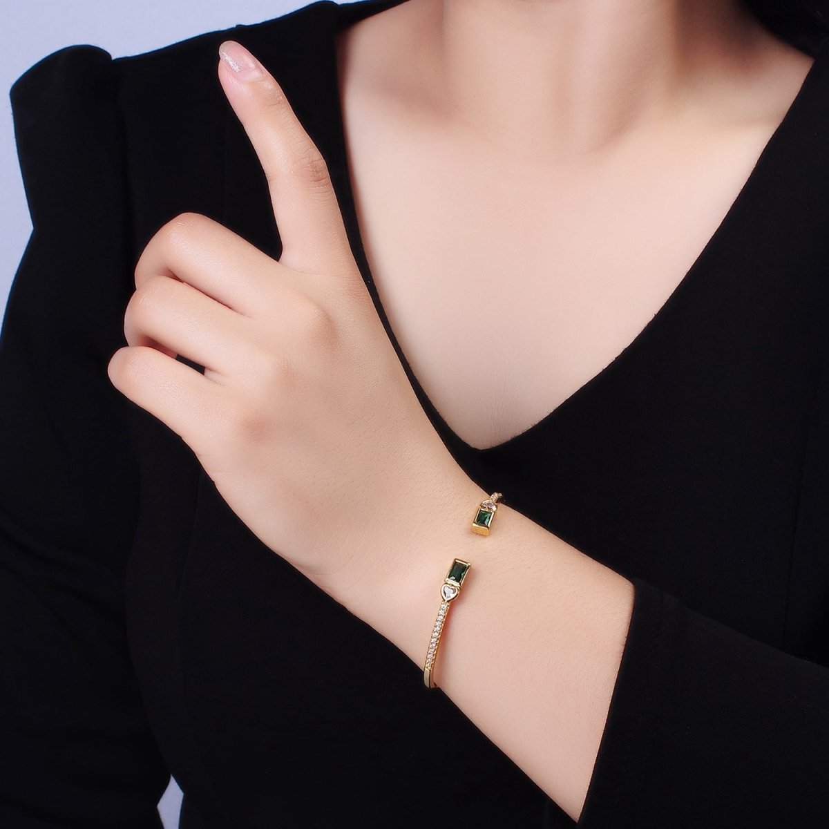 14K Gold Filled Clear, Green, Pink Baguette Heart CZ Micro Paved Cuff Bracelet in Gold & Silver | WA-2124 - WA-2128 Clearance Pricing - DLUXCA