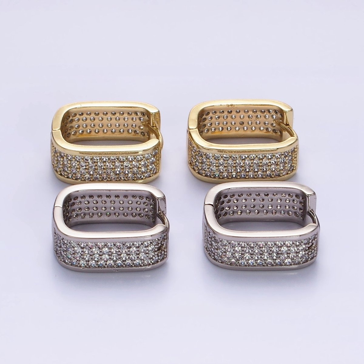 14K Gold Filled Clear Micro Paved CZ Boxy Oblong Hoop Earrings in Gold & Silver | AE581 AE582 - DLUXCA