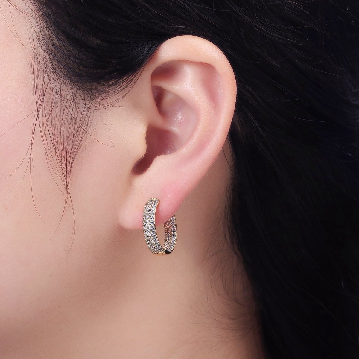 14K Gold Filled Clear Micro Paved CZ Front-Facing 18mm Hoop Earrings | Y-896 - DLUXCA