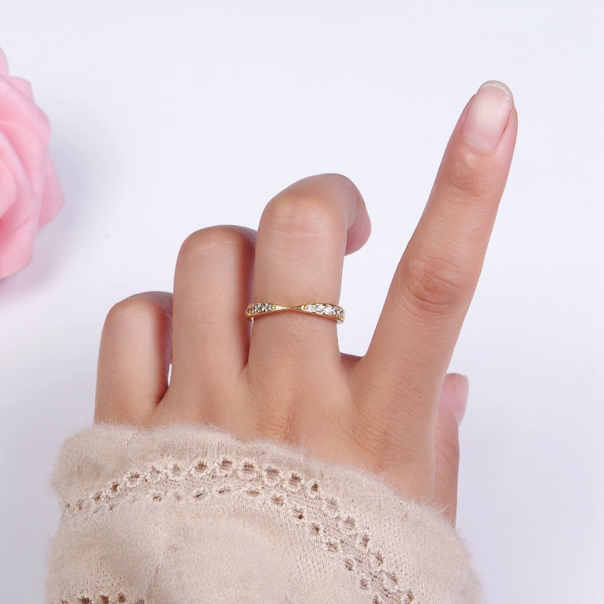 14K Gold Filled Clear Micro Paved CZ Geometric Curved Ring in Gold & Silver | O1030 O1031 - DLUXCA