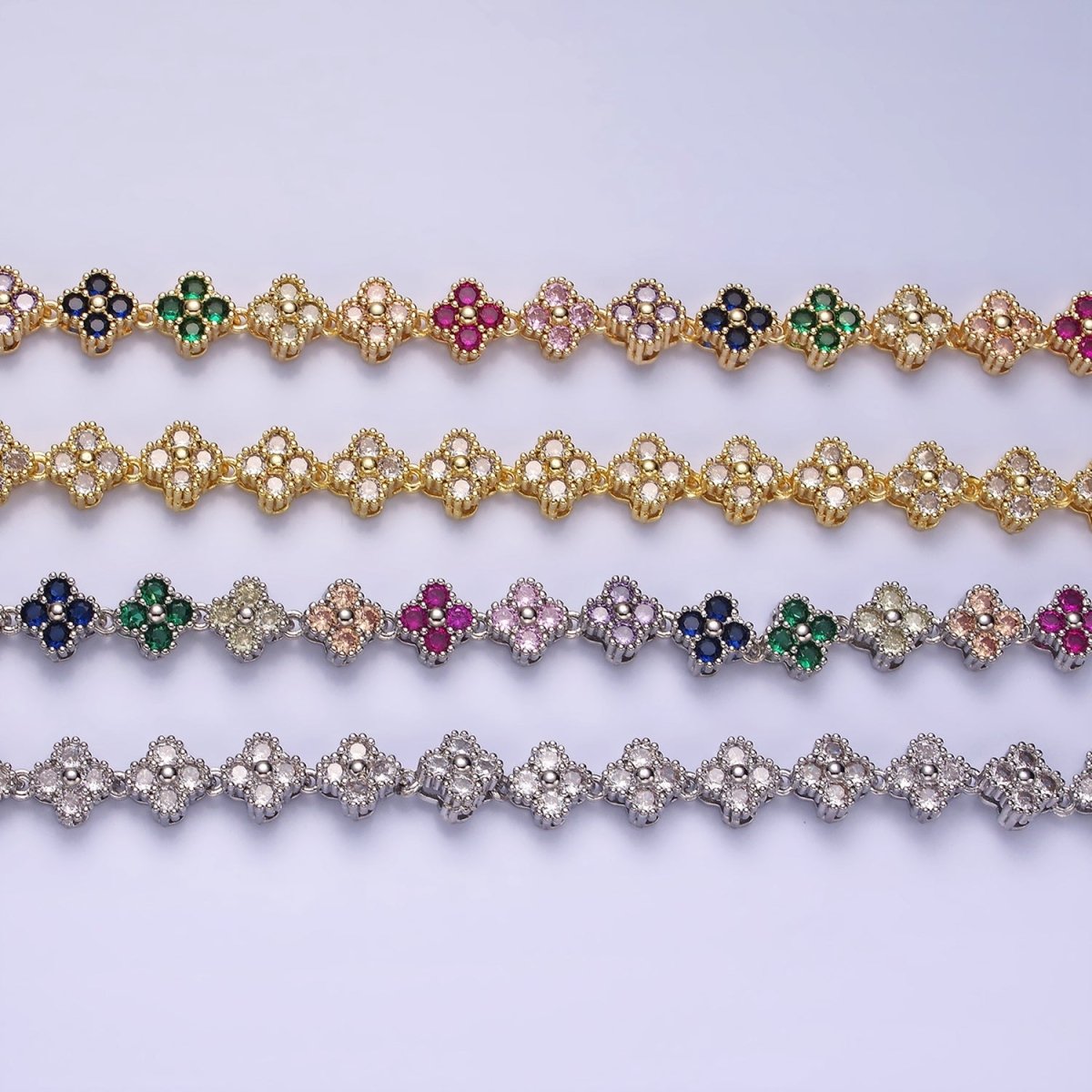 14K Gold Filled Clear, Multicolor CZ Quatrefoil 15 Inch Necklace in Gold & Silver | WA-2344 - WA-2347 Clearance Pricing - DLUXCA