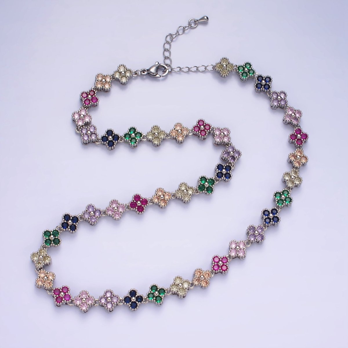 14K Gold Filled Clear, Multicolor CZ Quatrefoil 15 Inch Necklace in Gold & Silver | WA-2344 - WA-2347 Clearance Pricing - DLUXCA