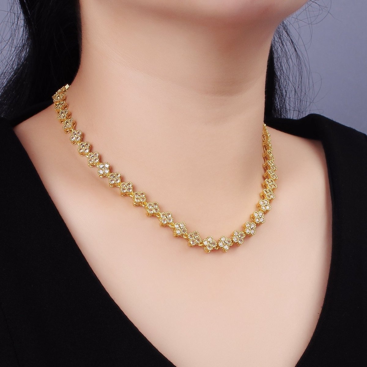 14K Gold Filled Clear, Multicolor CZ Quatrefoil 15 Inch Necklace in Gold & Silver | WA-2344 - WA-2347 Clearance Pricing - DLUXCA