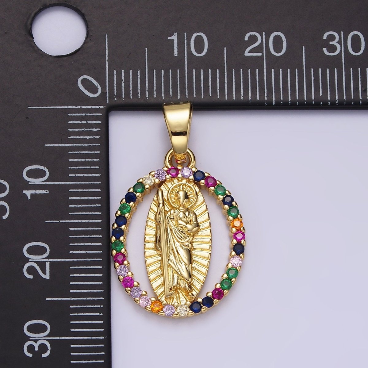 14K Gold Filled Clear, Multicolor CZ Saint Jude Sunburst Open Oval Pendant | N1309 N1310 - DLUXCA