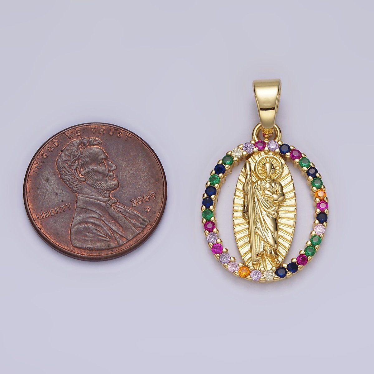 14K Gold Filled Clear, Multicolor CZ Saint Jude Sunburst Open Oval Pendant | N1309 N1310 - DLUXCA