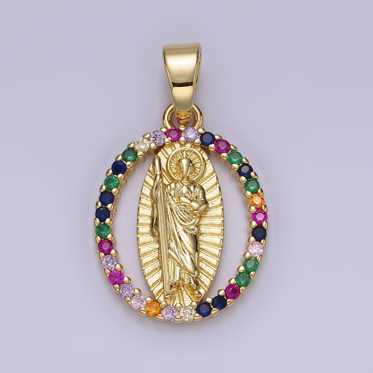 14K Gold Filled Clear, Multicolor CZ Saint Jude Sunburst Open Oval Pendant | N1309 N1310 - DLUXCA