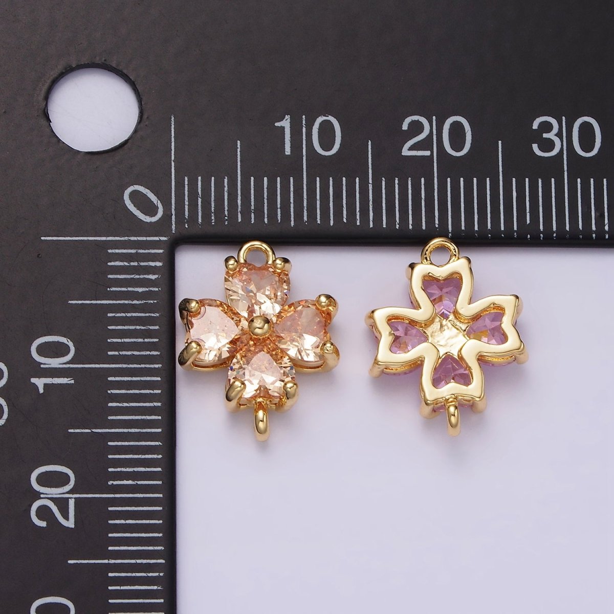 14K Gold Filled Clear, Peach, Pink, Purple, Red CZ Heart Petal Flower Connector in Gold & Silver | G-193 - G-202 - DLUXCA