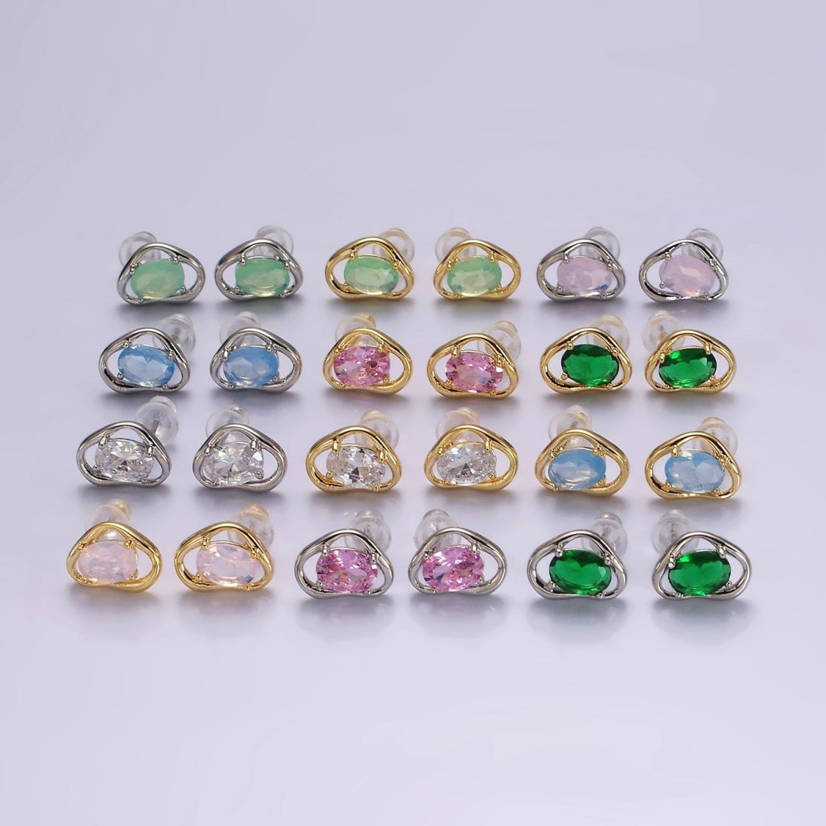 14K Gold Filled Clear, Pink, Blue, Green Oval CZ Open Abstract Bezel Stud Earrings in Gold & Silver | V330 - V341 - DLUXCA